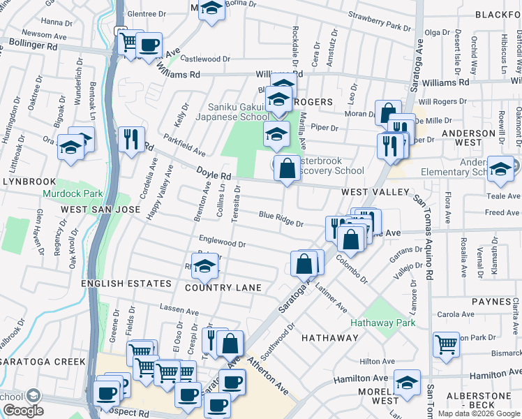 map of restaurants, bars, coffee shops, grocery stores, and more near 4869 Blue Ridge Drive in San Jose