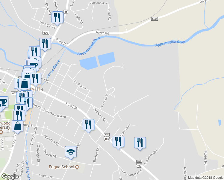 map of restaurants, bars, coffee shops, grocery stores, and more near 500 Doswell Street in Farmville