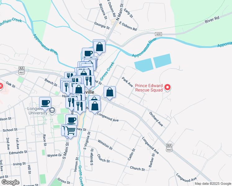 map of restaurants, bars, coffee shops, grocery stores, and more near 413 East 2nd Street in Farmville
