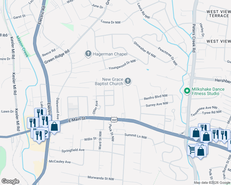 map of restaurants, bars, coffee shops, grocery stores, and more near 1407 Graybill Road Northwest in Roanoke
