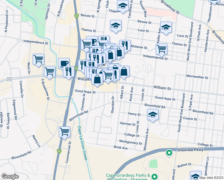map of restaurants, bars, coffee shops, grocery stores, and more near 2214 Good Hope Street in Cape Girardeau