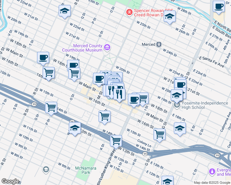 map of restaurants, bars, coffee shops, grocery stores, and more near 1730 Canal Street in Merced