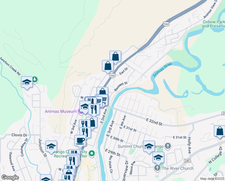 map of restaurants, bars, coffee shops, grocery stores, and more near 3310 Main Avenue in Durango