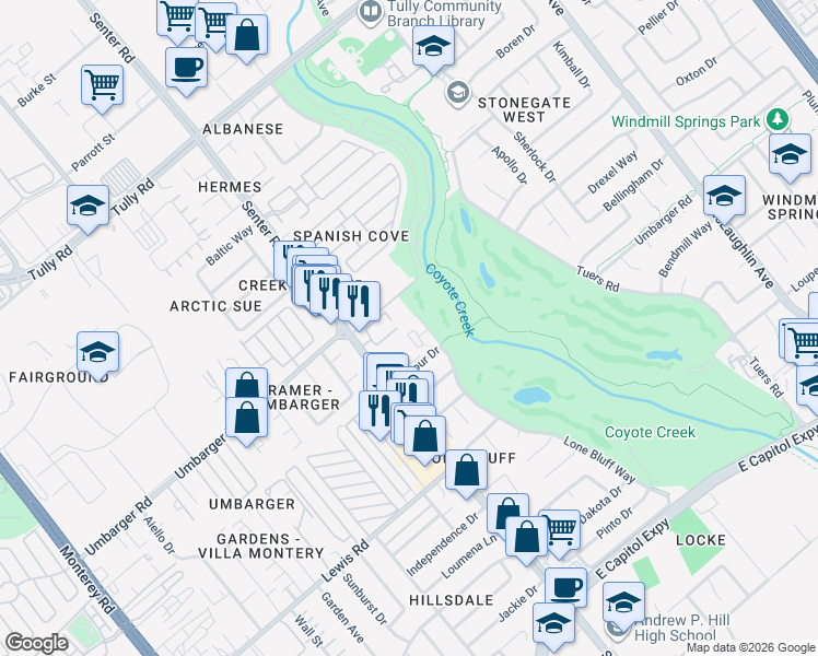 map of restaurants, bars, coffee shops, grocery stores, and more near 2675 Lone Bluff Way in San Jose