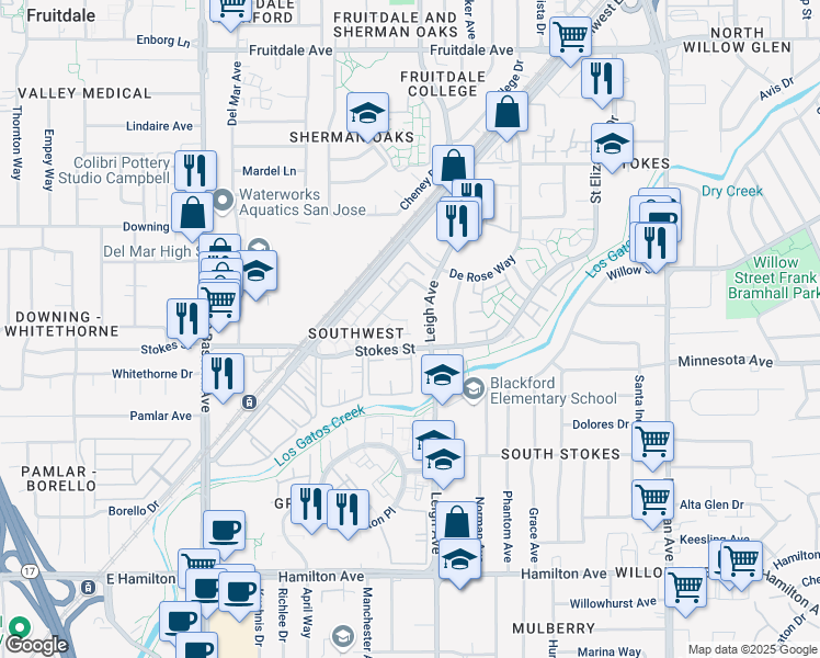 map of restaurants, bars, coffee shops, grocery stores, and more near 1201 Leigh Avenue in San Jose