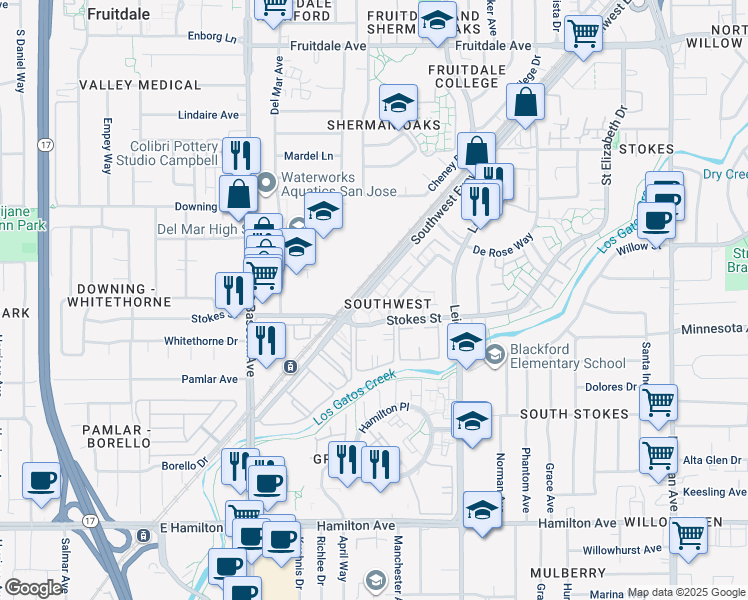 map of restaurants, bars, coffee shops, grocery stores, and more near in San Jose