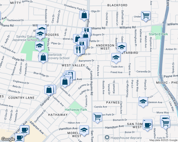 map of restaurants, bars, coffee shops, grocery stores, and more near 1277 San Tomas Aquino Road in San Jose