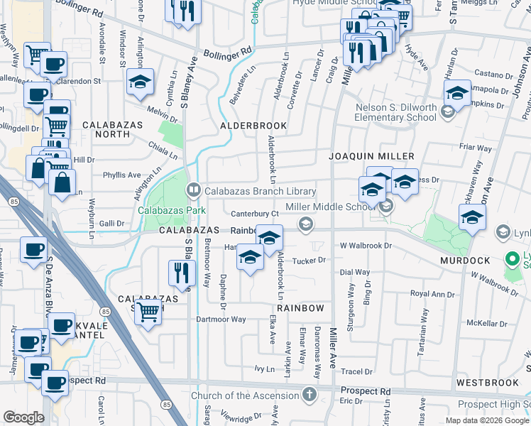 map of restaurants, bars, coffee shops, grocery stores, and more near 6521 Canterbury Court in San Jose