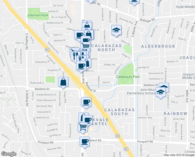map of restaurants, bars, coffee shops, grocery stores, and more near 7144 Coronado Drive in San Jose