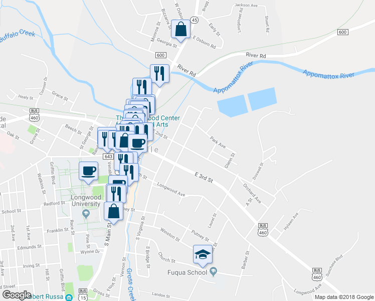 map of restaurants, bars, coffee shops, grocery stores, and more near 408 East 2nd Street in Farmville