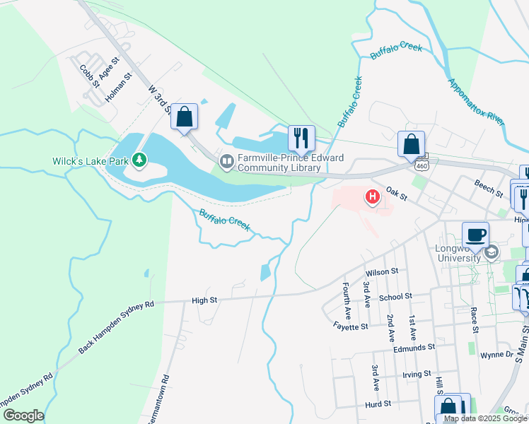 map of restaurants, bars, coffee shops, grocery stores, and more near Front Street in Farmville