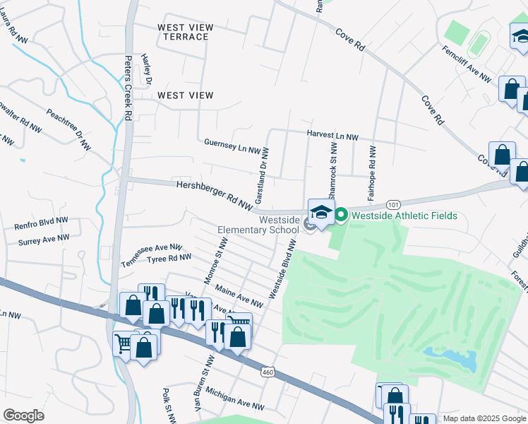map of restaurants, bars, coffee shops, grocery stores, and more near 3937 Hershberger Road Northwest in Roanoke