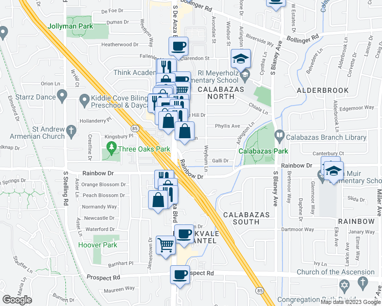 map of restaurants, bars, coffee shops, grocery stores, and more near 7216 Coronado Drive in San Jose