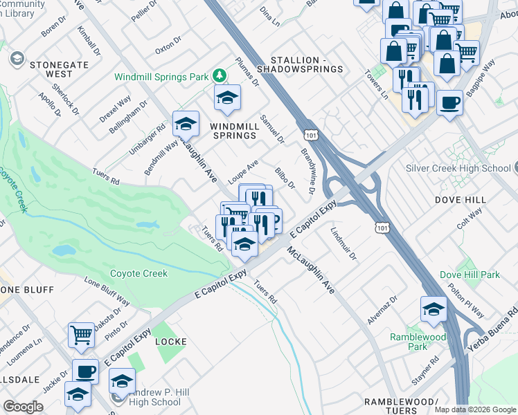 map of restaurants, bars, coffee shops, grocery stores, and more near 3144 McLaughlin Avenue in San Jose
