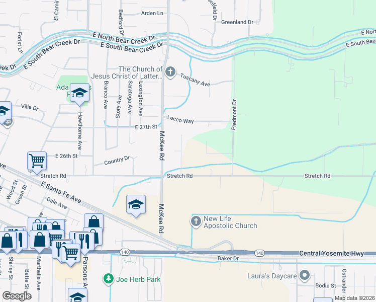 map of restaurants, bars, coffee shops, grocery stores, and more near 2474 Myrtle Avenue in Merced
