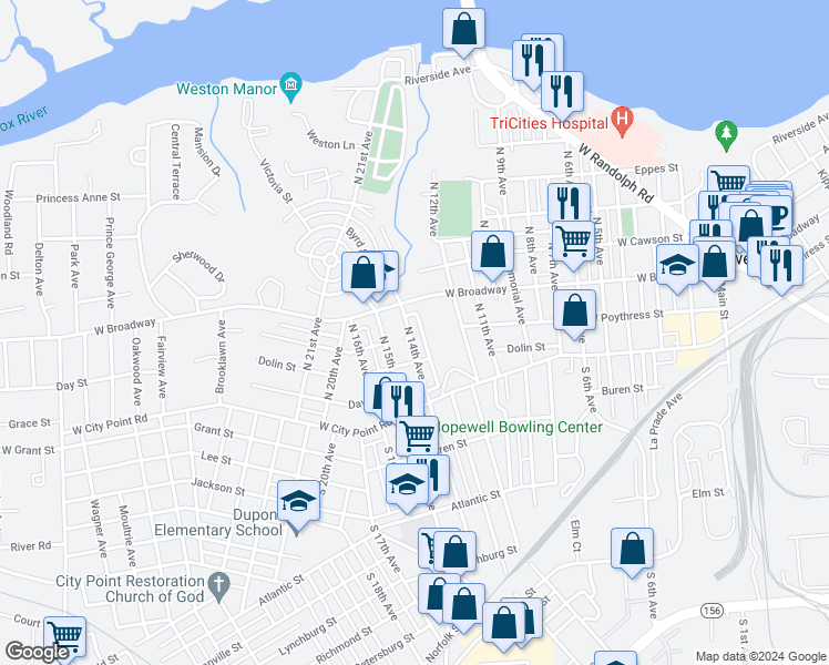 map of restaurants, bars, coffee shops, grocery stores, and more near 215 North 14th Avenue in Hopewell