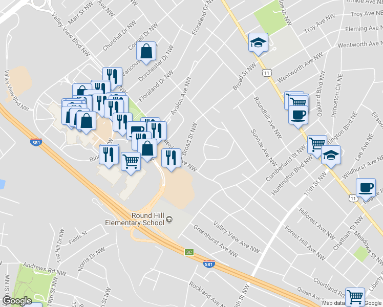 map of restaurants, bars, coffee shops, grocery stores, and more near 2415 Broad Street Northwest in Roanoke