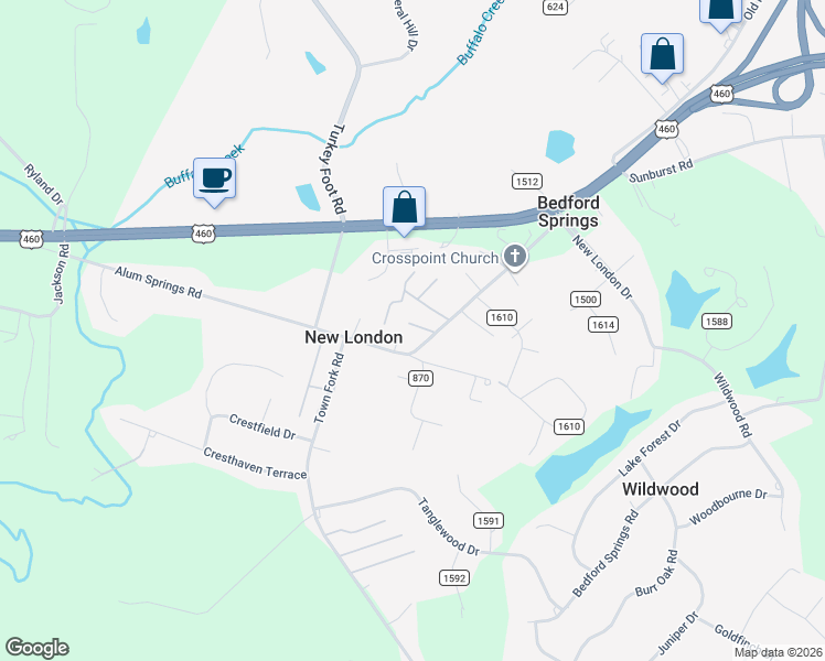 map of restaurants, bars, coffee shops, grocery stores, and more near 50 Blue Drive in Lynchburg