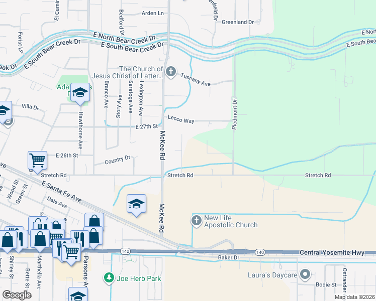 map of restaurants, bars, coffee shops, grocery stores, and more near 2474 Myrtle Avenue in Merced