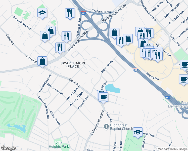 map of restaurants, bars, coffee shops, grocery stores, and more near 2820 Aspen Grove Ct NW in Roanoke