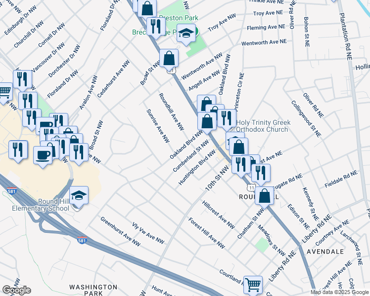 map of restaurants, bars, coffee shops, grocery stores, and more near 2821 Oakland Boulevard Northwest in Roanoke