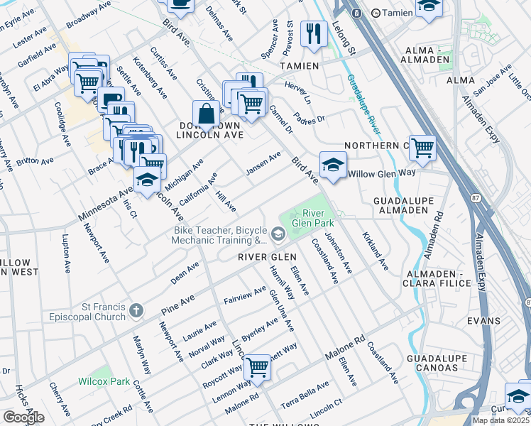 map of restaurants, bars, coffee shops, grocery stores, and more near 1620 Juanita Avenue in San Jose
