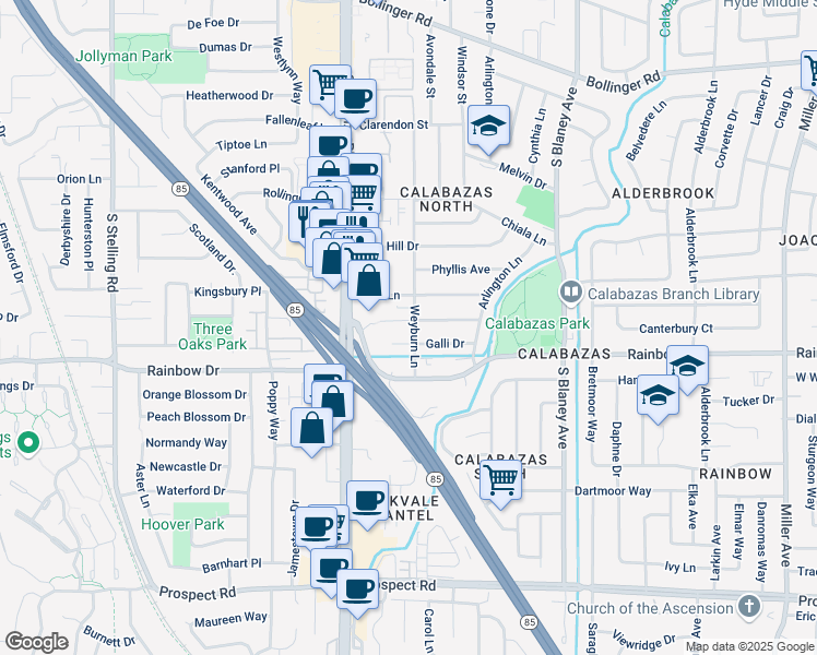 map of restaurants, bars, coffee shops, grocery stores, and more near 1211 Weyburn Lane in San Jose