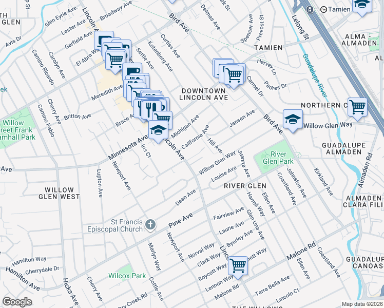 map of restaurants, bars, coffee shops, grocery stores, and more near 1085 Nevada Place in San Jose