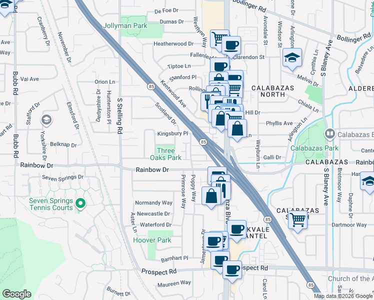 map of restaurants, bars, coffee shops, grocery stores, and more near 11440 Garden Terrace Drive in Cupertino
