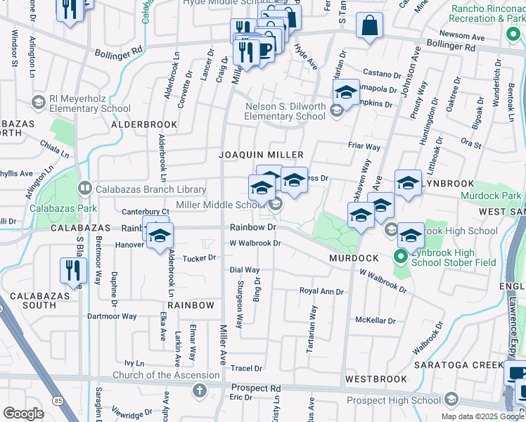 map of restaurants, bars, coffee shops, grocery stores, and more near 6151 Rainbow Drive in San Jose
