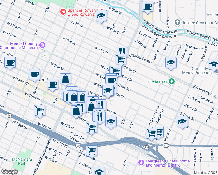 map of restaurants, bars, coffee shops, grocery stores, and more near 2025 G Street in Merced