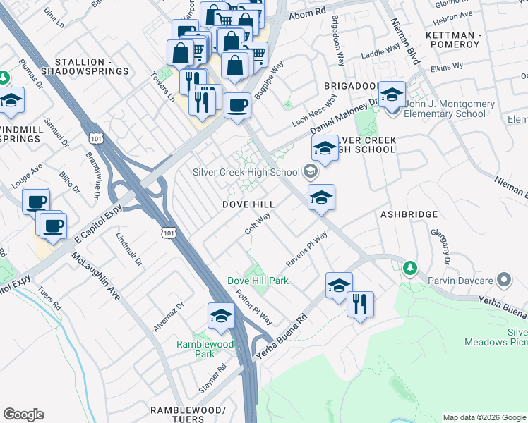 map of restaurants, bars, coffee shops, grocery stores, and more near 1511 Colt Way in San Jose