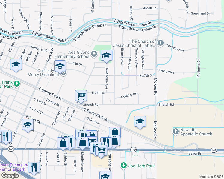 map of restaurants, bars, coffee shops, grocery stores, and more near 2473 Parsons Avenue in Merced