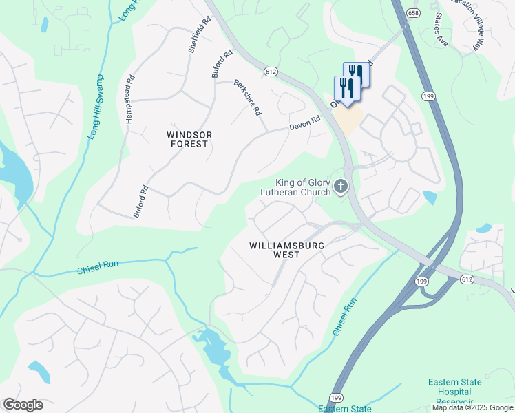 map of restaurants, bars, coffee shops, grocery stores, and more near 201 Kilton Forest in Williamsburg