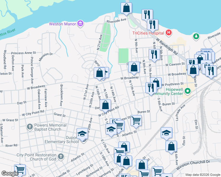 map of restaurants, bars, coffee shops, grocery stores, and more near 208 North 14th Avenue in Hopewell