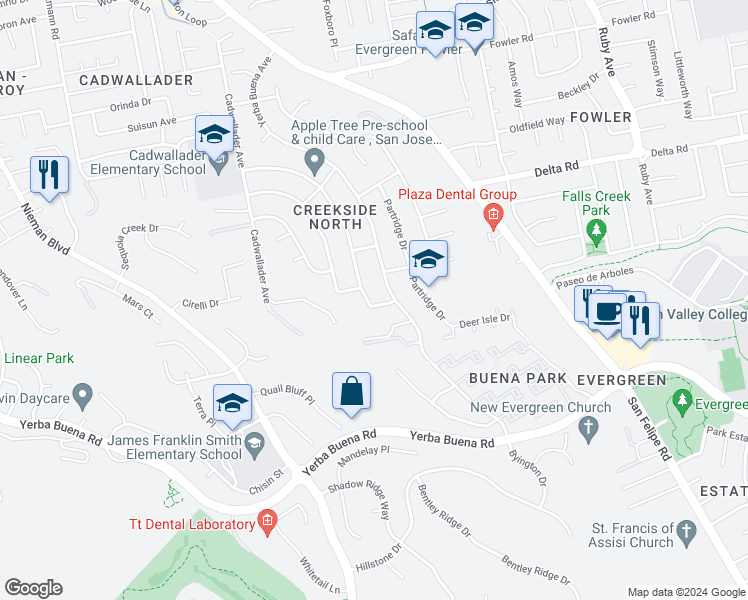 map of restaurants, bars, coffee shops, grocery stores, and more near 4262 Forestwood Drive in San Jose