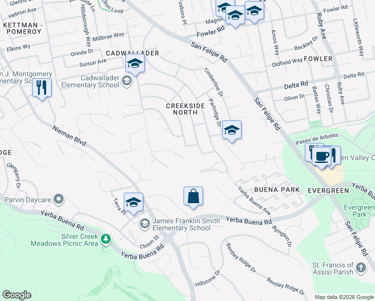map of restaurants, bars, coffee shops, grocery stores, and more near 2470 Lone Oak Drive in San Jose