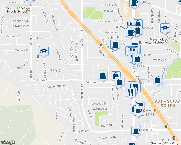 map of restaurants, bars, coffee shops, grocery stores, and more near 7640 Berland Court in Cupertino