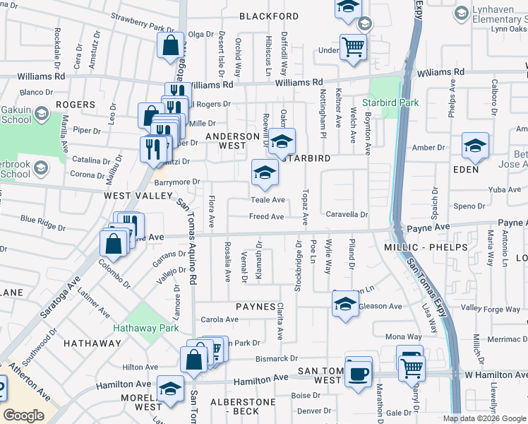 map of restaurants, bars, coffee shops, grocery stores, and more near 4029 Freed Avenue in San Jose