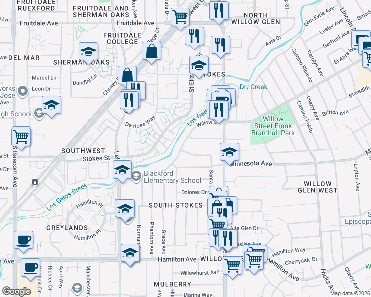 map of restaurants, bars, coffee shops, grocery stores, and more near 1799 Santa Lucia Drive in San Jose