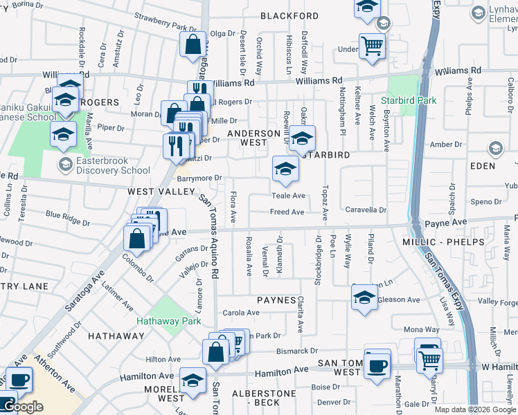map of restaurants, bars, coffee shops, grocery stores, and more near 4083 Freed Avenue in San Jose