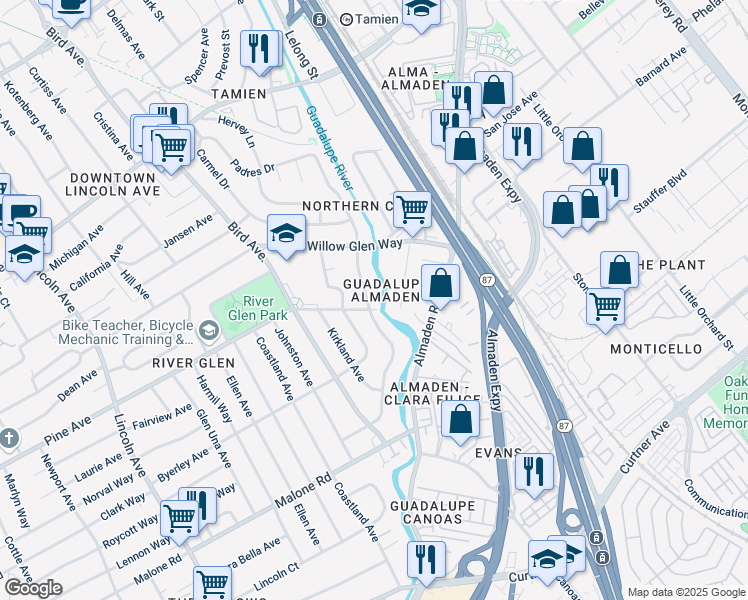 map of restaurants, bars, coffee shops, grocery stores, and more near 1792 Creek Drive in San Jose