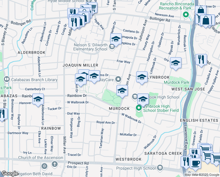 map of restaurants, bars, coffee shops, grocery stores, and more near 1218 Donington Drive in San Jose