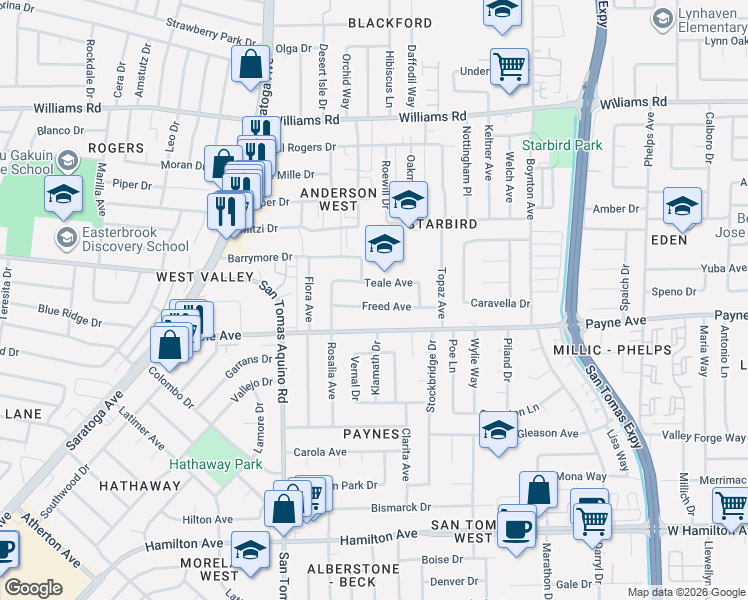 map of restaurants, bars, coffee shops, grocery stores, and more near 4029 Freed Avenue in San Jose
