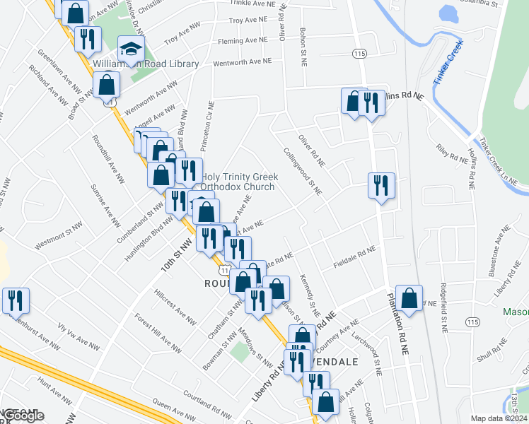 map of restaurants, bars, coffee shops, grocery stores, and more near 168 Wildhurst Avenue Northeast in Roanoke