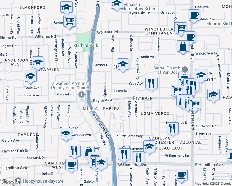 map of restaurants, bars, coffee shops, grocery stores, and more near 3530 Speno Drive in San Jose
