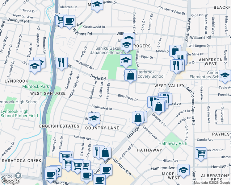 map of restaurants, bars, coffee shops, grocery stores, and more near 4869 Blue Ridge Drive in San Jose