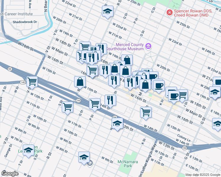 map of restaurants, bars, coffee shops, grocery stores, and more near 808 West 16th Street in Merced
