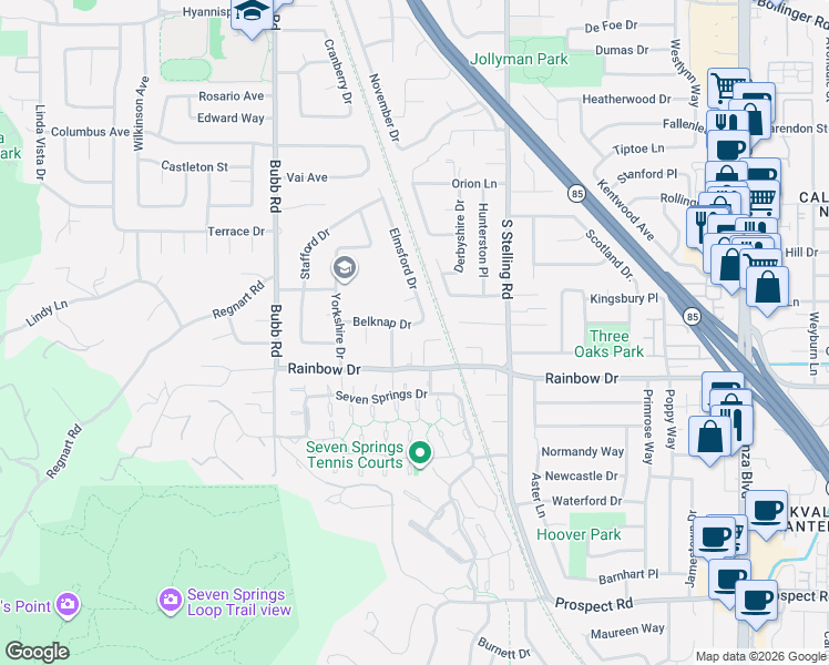 map of restaurants, bars, coffee shops, grocery stores, and more near 11435 Charsan Lane in Cupertino