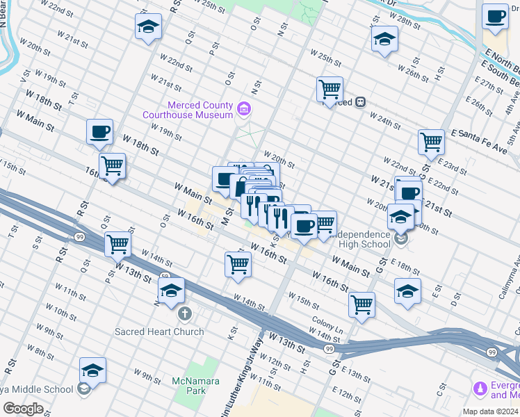 map of restaurants, bars, coffee shops, grocery stores, and more near 1731 Canal Street in Merced